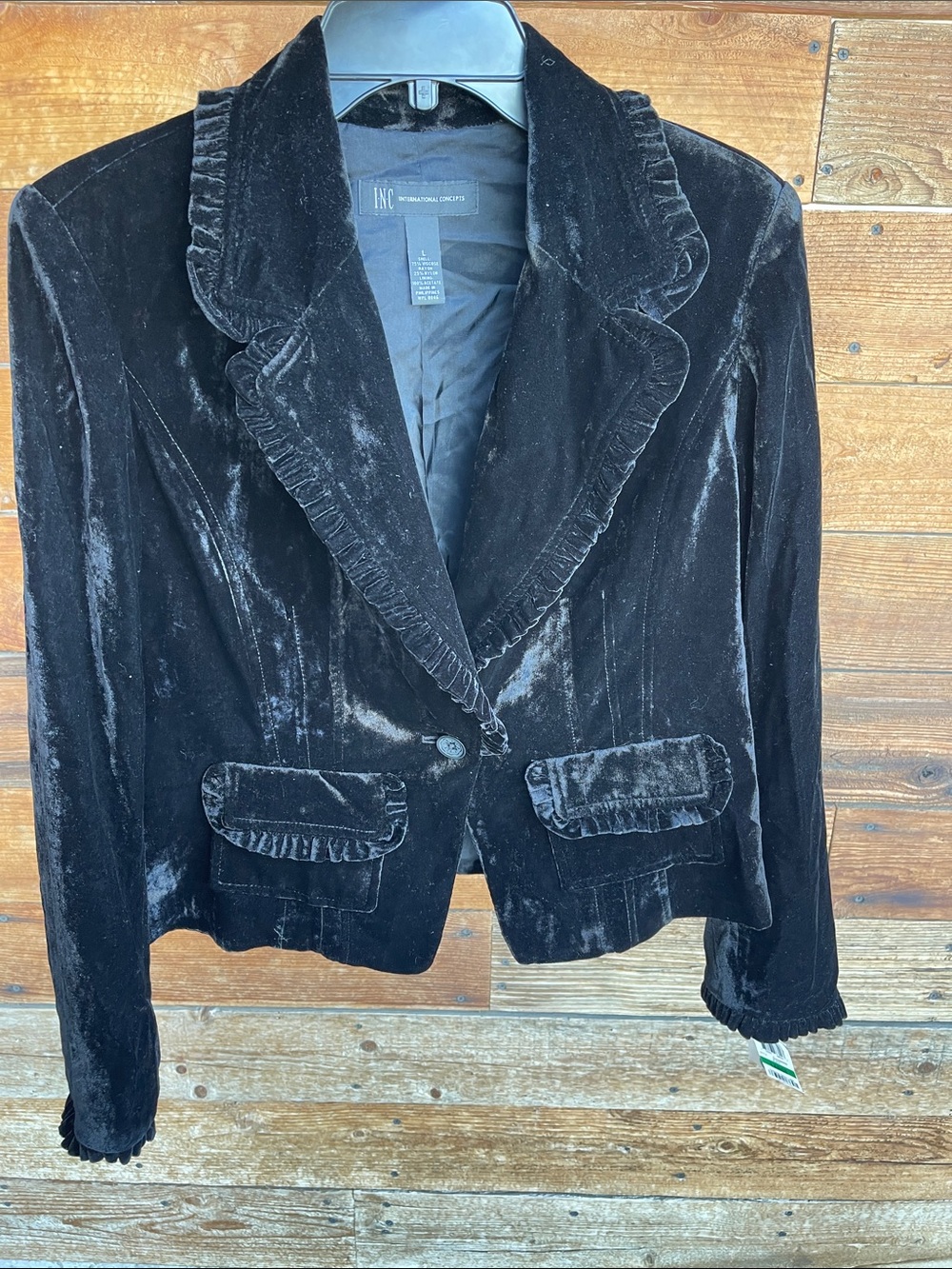 INC International Concepts Black Velvet Ruffle Trim Blazer Jacket Women’s Large